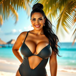 A sexy, tanned mature woman with voluptuous curves and big breasts, styled with elegant black hair pulled into a chic bun