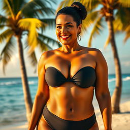 A sexy, tanned mature woman with voluptuous curves and big breasts, styled with elegant black hair pulled into a chic bun