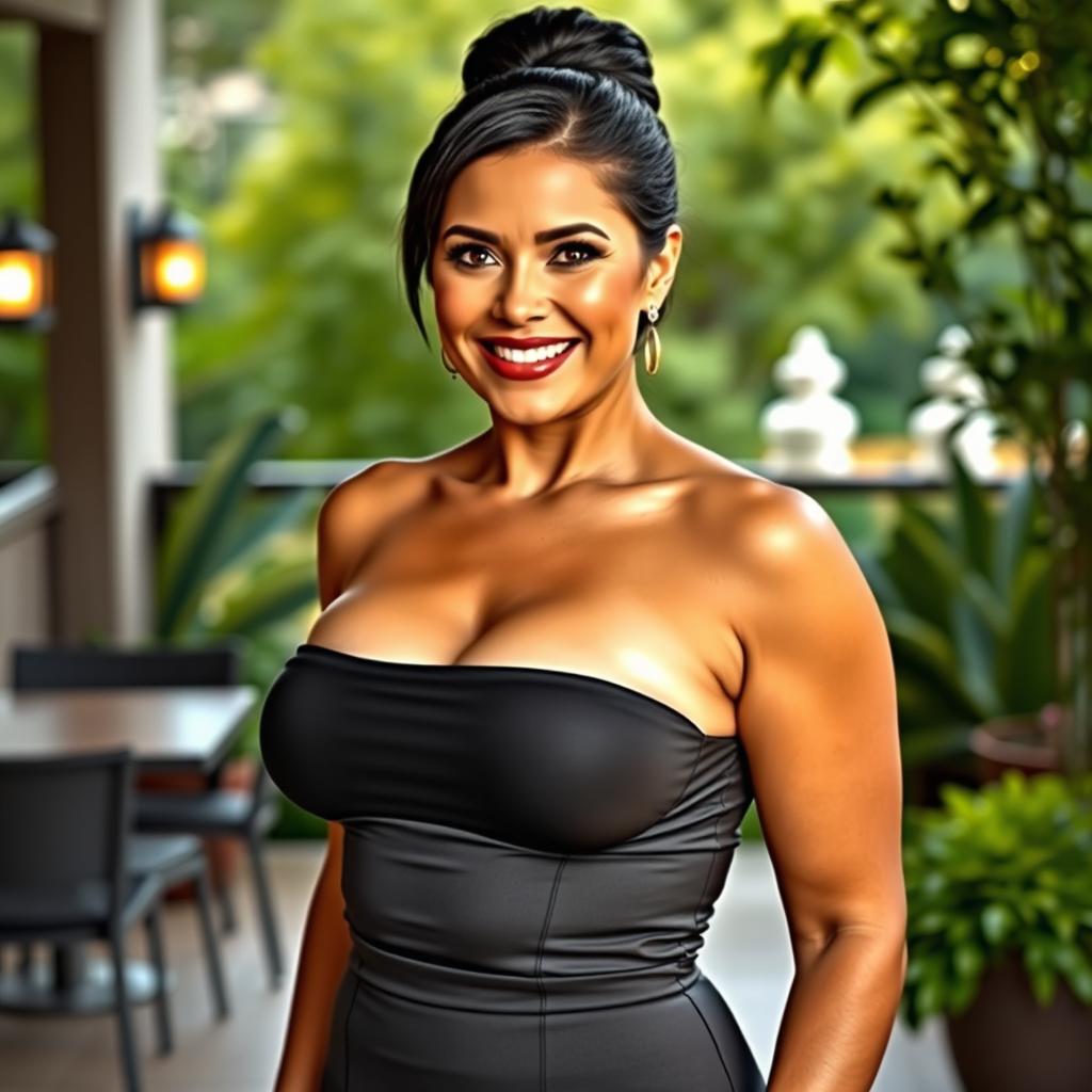 A sexy, tanned mature woman with voluptuous curves, prominently featuring her big breasts, styled with elegant black hair pulled into a sleek bun