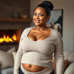 A sexy, tanned mature woman with voluptuous curves, prominently showcasing her big breasts, dressed in a stylish, form-fitting sweater that accentuates her figure