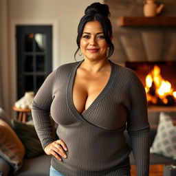 A sexy, tanned mature woman with voluptuous curves, prominently showcasing her big breasts, dressed in a stylish, form-fitting sweater that accentuates her figure