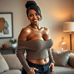 A sexy, tanned mature woman with voluptuous curves, showcasing her big breasts while wearing a stylish, snug sweater that accentuates her figure