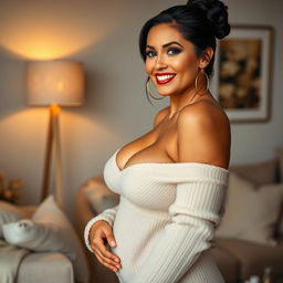 A sexy, tanned mature woman with voluptuous curves, showcasing her big breasts while wearing a stylish, snug sweater that accentuates her figure