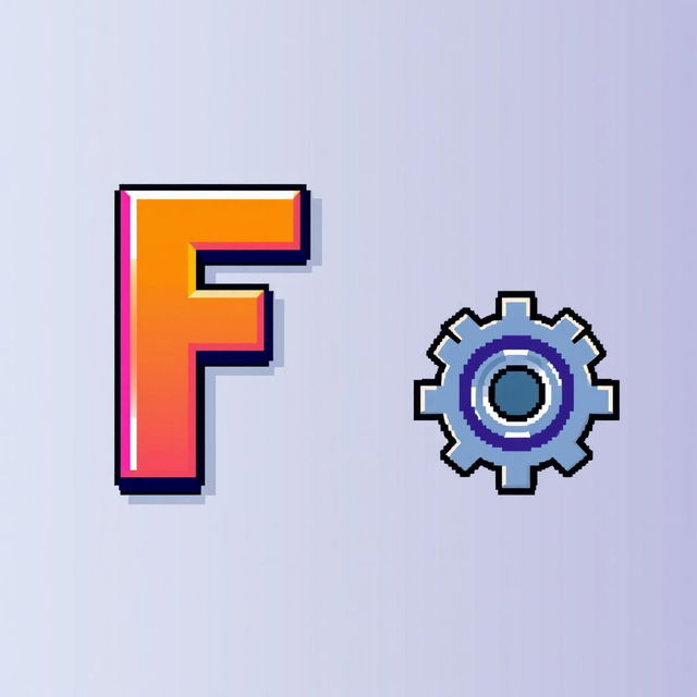 A pixel art representation of the letter 'F' in vibrant colors, positioned centrally in the image