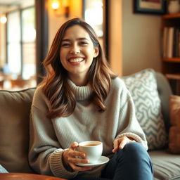 A cozy and inviting portrait of a 31-year-old woman named Lily, capturing her love for quiet mornings, loud laughs, and meaningful conversations