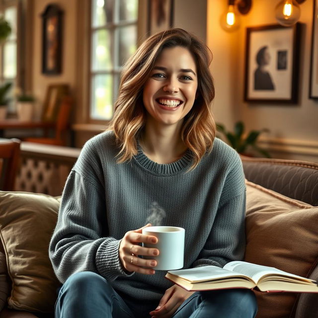 A cozy and inviting portrait of a 31-year-old woman named Lily, capturing her love for quiet mornings, loud laughs, and meaningful conversations