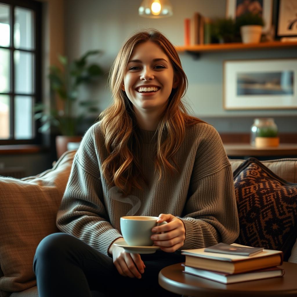 A cozy and inviting portrait of a 31-year-old woman named Lily, capturing her love for quiet mornings, loud laughs, and meaningful conversations