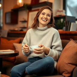 A cozy and inviting portrait of a 31-year-old woman named Lily, capturing her love for quiet mornings, loud laughs, and meaningful conversations