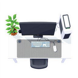 A 2D pixel art illustration depicting a top-down view of a white computer desk setup