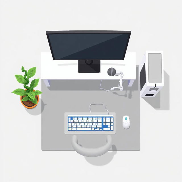 A 2D pixel art illustration depicting a top-down view of a white computer desk setup