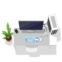 A 2D pixel art illustration depicting a top-down view of a white computer desk setup