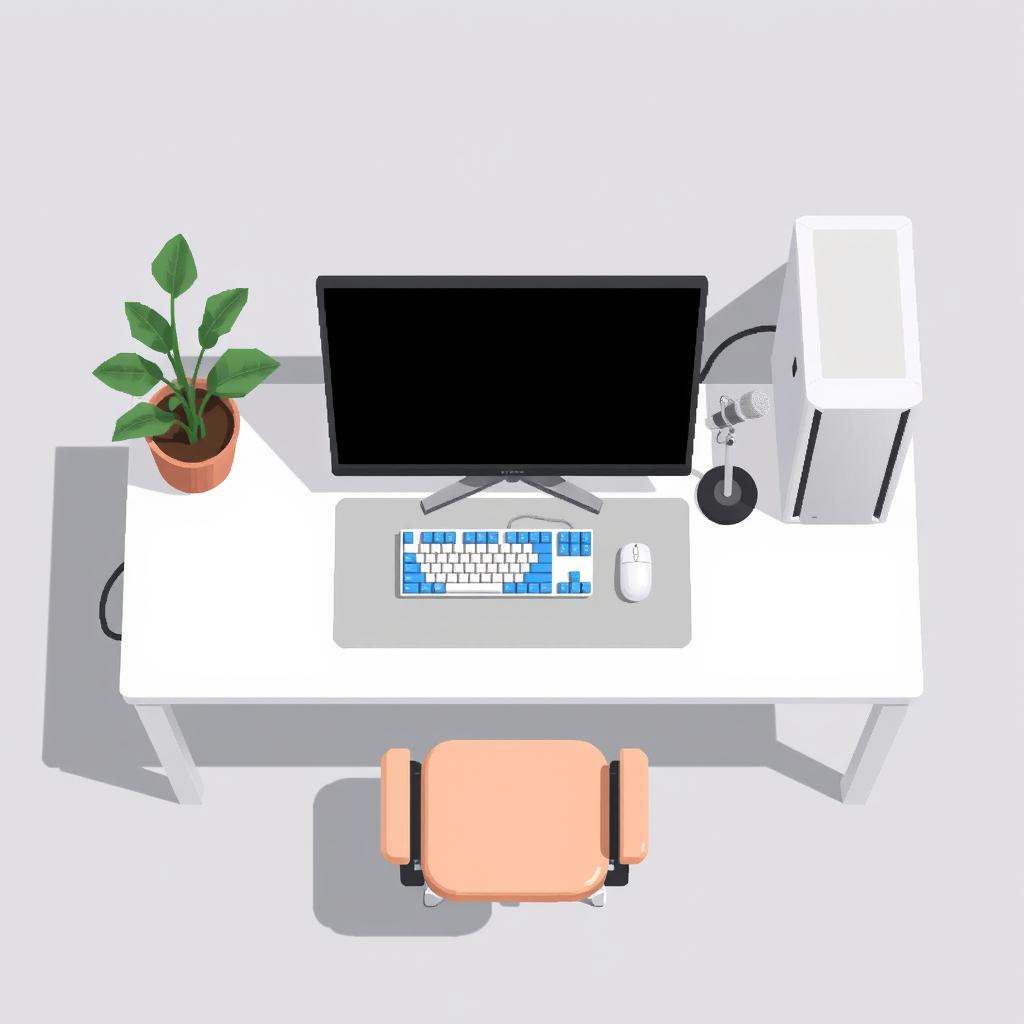 A 2D pixel art illustration depicting a top-down view of a white computer desk setup