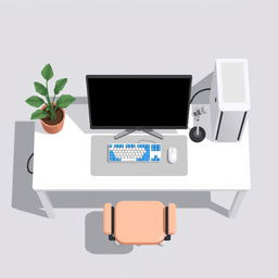 A 2D pixel art illustration depicting a top-down view of a white computer desk setup