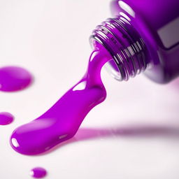 A close-up view of a vivid purple nail polish bottle tipping over, with the polish spilling out in a beautiful cascade, creating glossy puddles on a reflective white surface