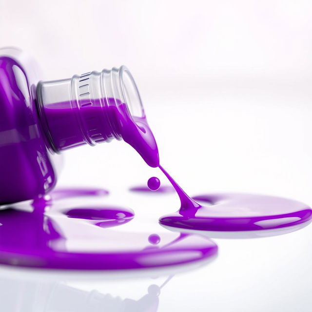 A close-up view of a vivid purple nail polish bottle tipping over, with the polish spilling out in a beautiful cascade, creating glossy puddles on a reflective white surface