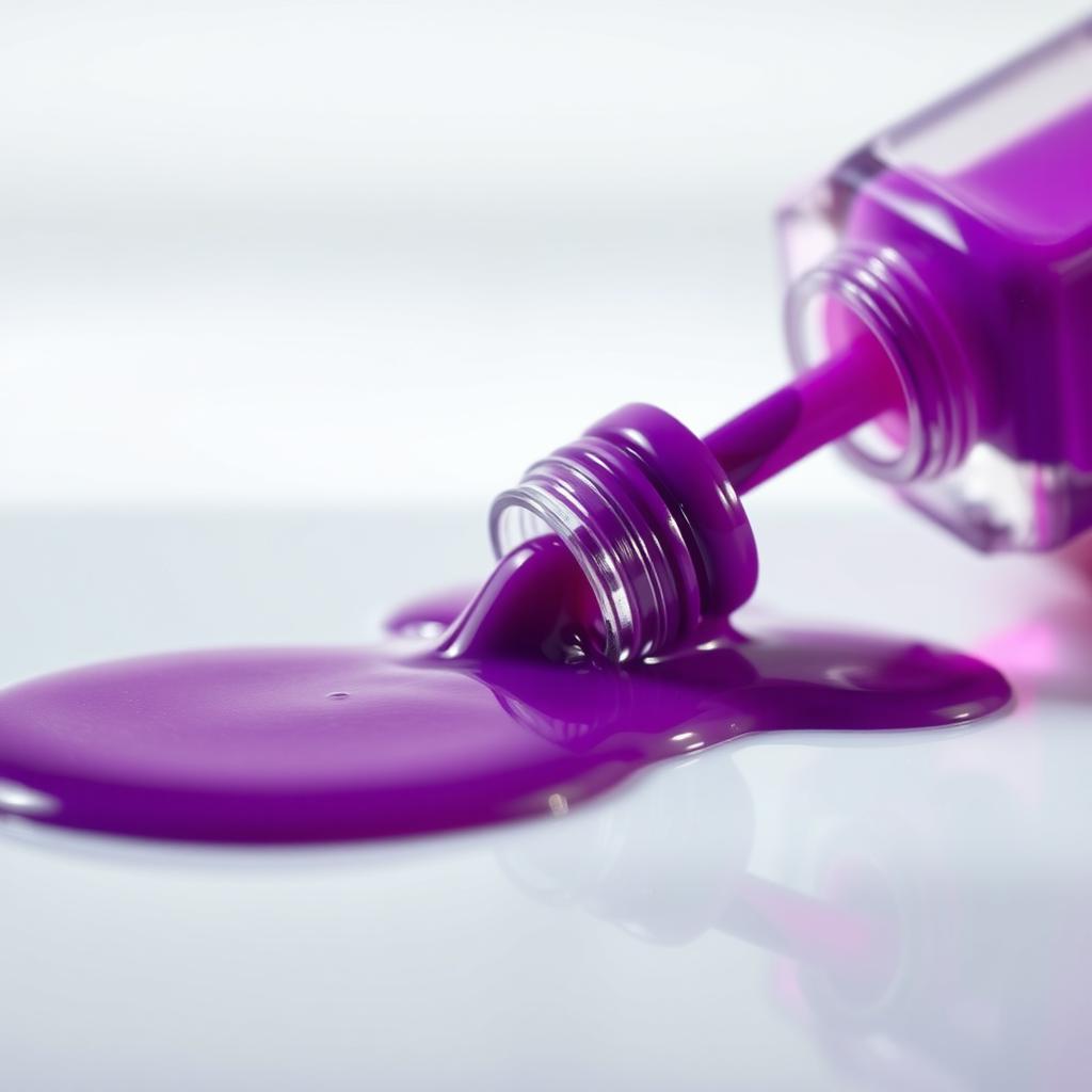 A close-up view of a vivid purple nail polish bottle tipping over, with the polish spilling out in a beautiful cascade, creating glossy puddles on a reflective white surface