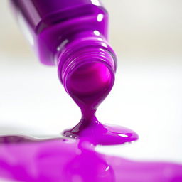 A close-up view of a vivid purple nail polish bottle tipping over, with the polish spilling out in a beautiful cascade, creating glossy puddles on a reflective white surface