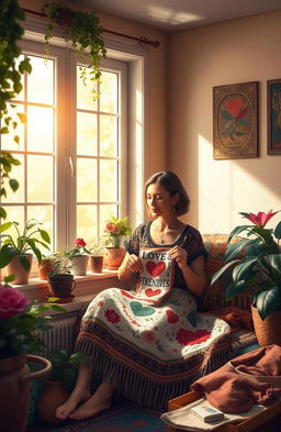 A beautiful, serene scene depicting a woman sitting by a large window with soft sunlight pouring in