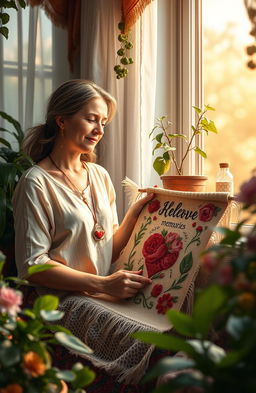 A beautiful, serene scene depicting a woman sitting by a large window with soft sunlight pouring in