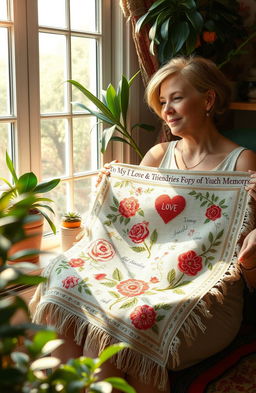 A beautiful, serene scene depicting a woman sitting by a large window with soft sunlight pouring in