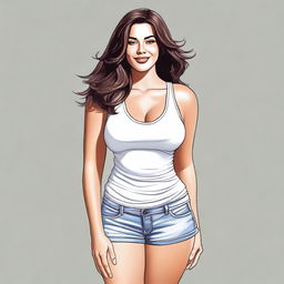 A high-quality digital art piece featuring a full-body portrait of a brunette woman with very thick thighs, standing confidently in a low-cut white tank top