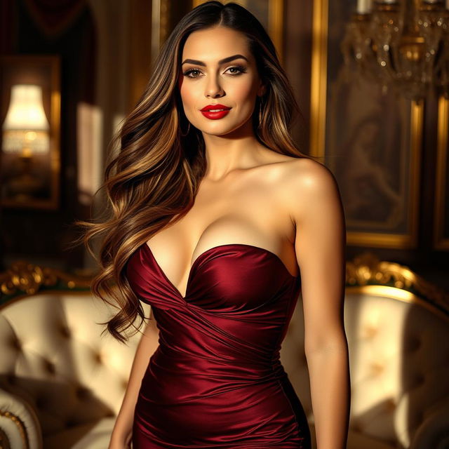 A seductive and glamorous woman with long flowing hair, wearing a beautiful yet revealing dress