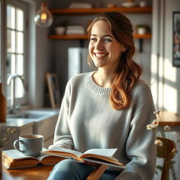 A serene and inviting portrait of a 31-year-old woman named Lily, embodying her appreciation for quiet mornings, loud laughs, and meaningful conversations