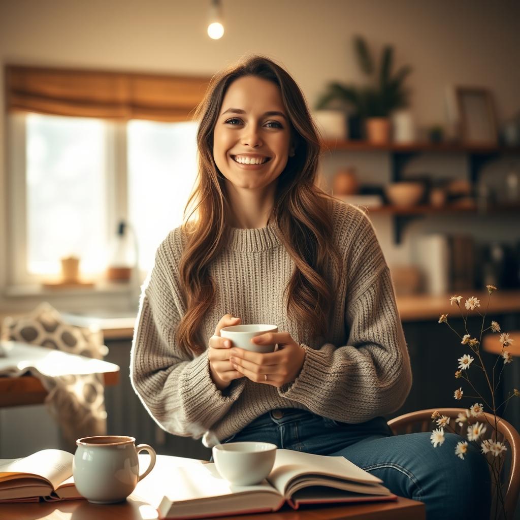 A serene and inviting portrait of a 31-year-old woman named Lily, embodying her appreciation for quiet mornings, loud laughs, and meaningful conversations