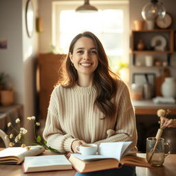 A serene and inviting portrait of a 31-year-old woman named Lily, embodying her appreciation for quiet mornings, loud laughs, and meaningful conversations