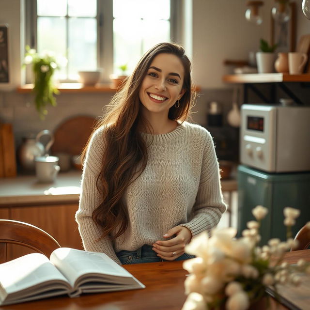 A serene and inviting portrait of a 31-year-old woman named Lily, embodying her appreciation for quiet mornings, loud laughs, and meaningful conversations