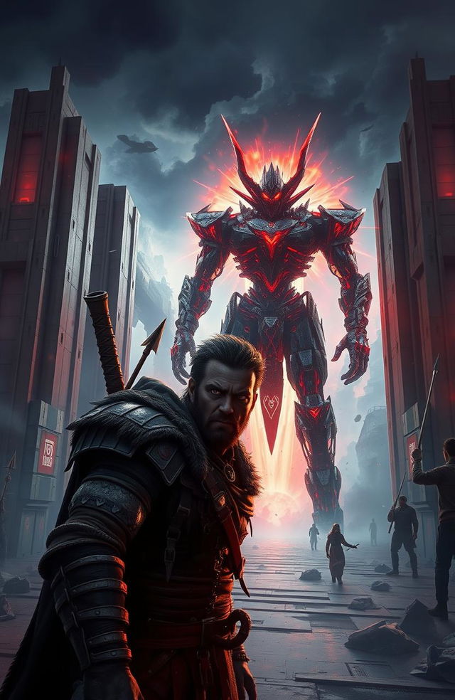 A fierce scene depicting a lone warrior in a futuristic urban landscape, surrounded by imposing gates that symbolize power and chaos