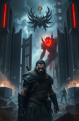 A fierce scene depicting a lone warrior in a futuristic urban landscape, surrounded by imposing gates that symbolize power and chaos