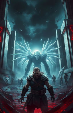 A fierce scene depicting a lone warrior in a futuristic urban landscape, surrounded by imposing gates that symbolize power and chaos