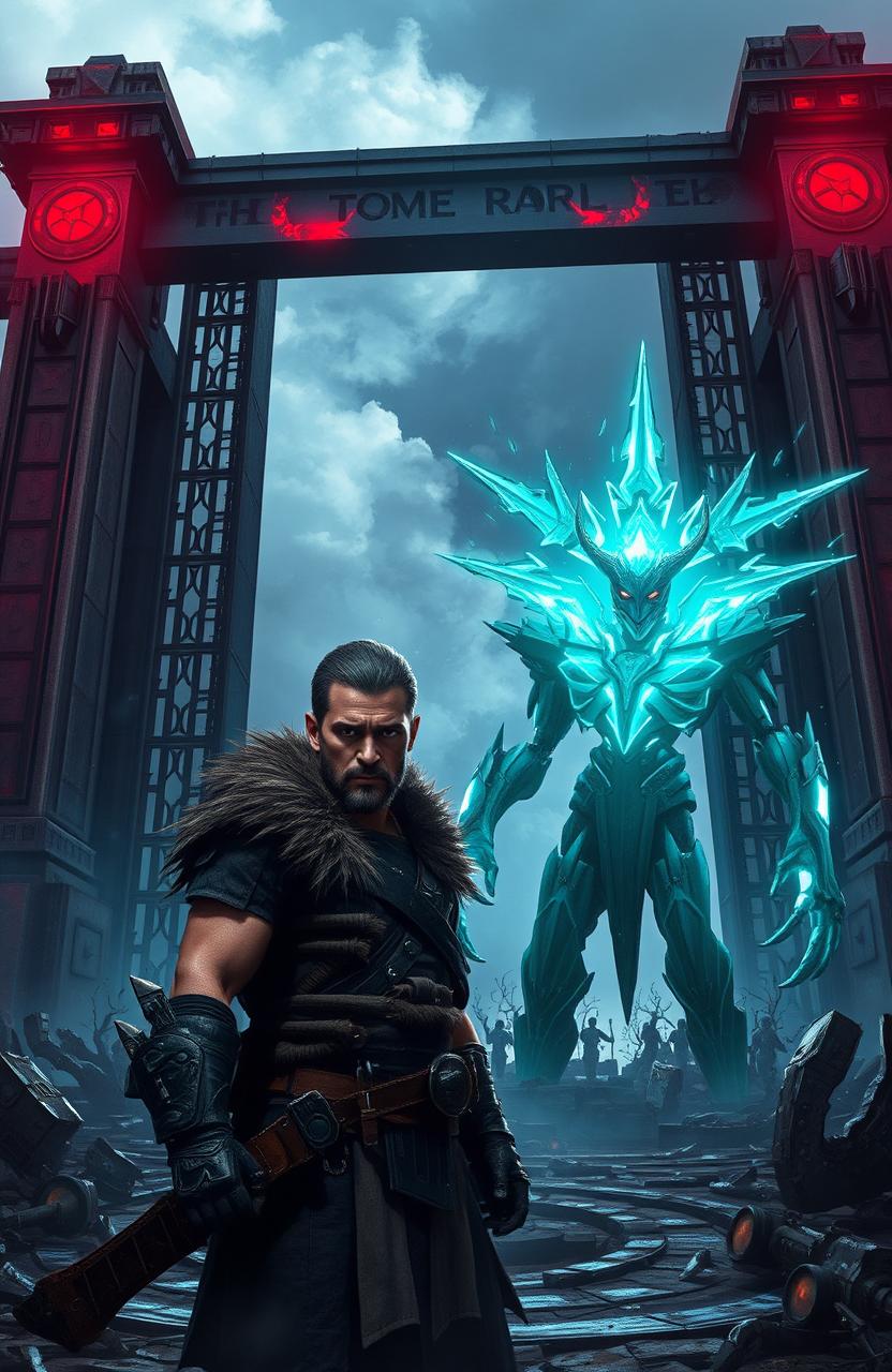 A fierce scene depicting a lone warrior in a futuristic urban landscape, surrounded by imposing gates that symbolize power and chaos