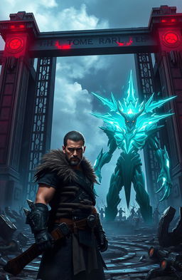 A fierce scene depicting a lone warrior in a futuristic urban landscape, surrounded by imposing gates that symbolize power and chaos