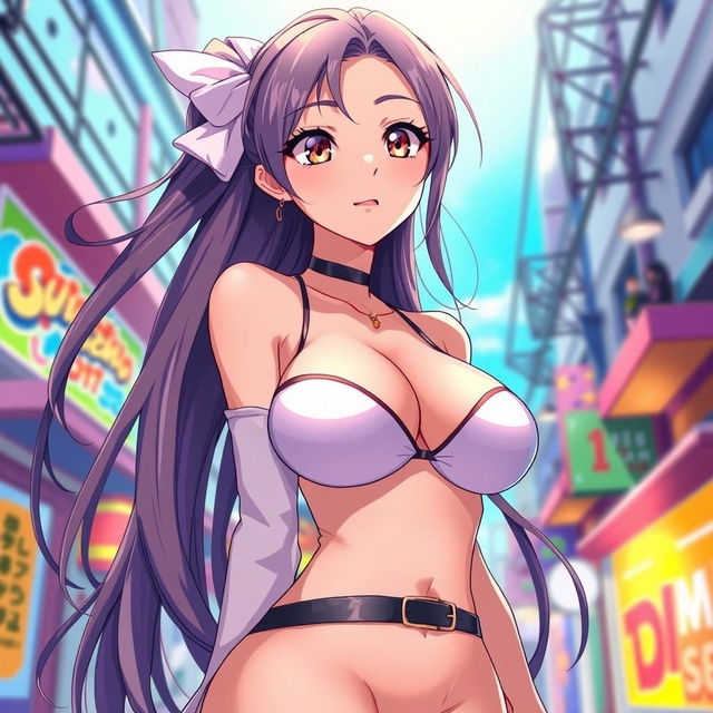 A vibrant anime-style illustration featuring a female character with large, prominent breasts and an alluring cleavage