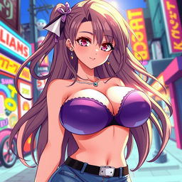 A vibrant anime-style illustration featuring a female character with large, prominent breasts and an alluring cleavage