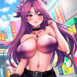 A vibrant anime-style illustration featuring a female character with large, prominent breasts and an alluring cleavage