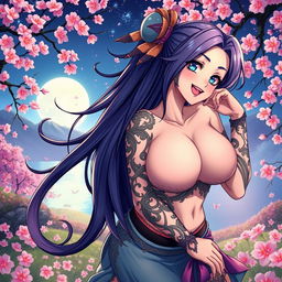 A vibrant and stylized anime illustration featuring a voluptuous female character with large breasts and an alluring pose