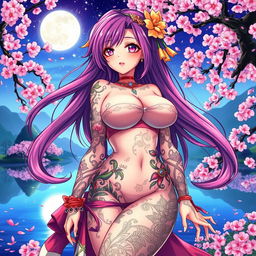 A vibrant and stylized anime illustration featuring a voluptuous female character with large breasts and an alluring pose