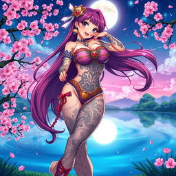A vibrant and stylized anime illustration featuring a voluptuous female character with large breasts and an alluring pose