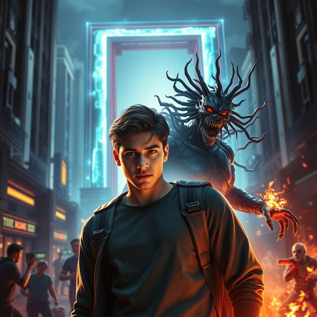 A striking image featuring a handsome young man standing in a futuristic cityscape, illuminated by the glow of mystical gates that symbolize power and chaos