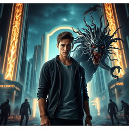 A striking image featuring a handsome young man standing in a futuristic cityscape, illuminated by the glow of mystical gates that symbolize power and chaos