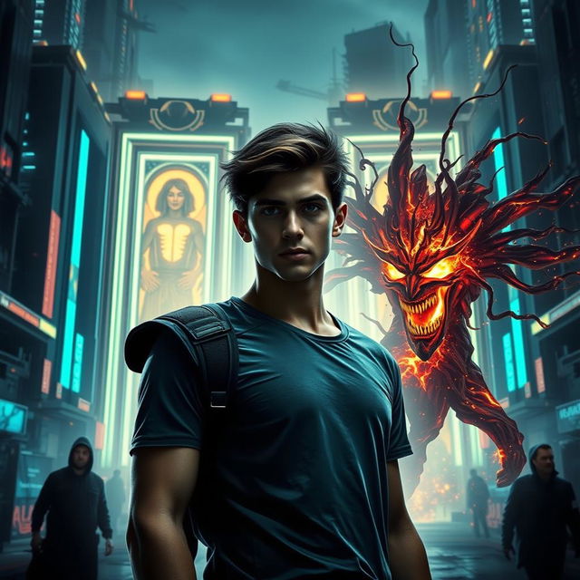 A striking image featuring a handsome young man standing in a futuristic cityscape, illuminated by the glow of mystical gates that symbolize power and chaos