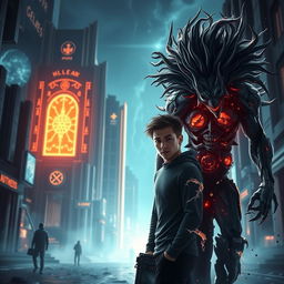 A striking image featuring a handsome young man standing in a futuristic cityscape, illuminated by the glow of mystical gates that symbolize power and chaos