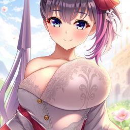 A beautifully illustrated anime character featuring an endowed female figure with large breasts, showcasing subtle detail
