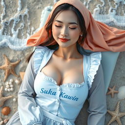 A digital photo of a 24-year-old Chinese girl wearing an open maid outfit with the text "Suka Kawin" written on the vest