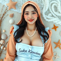 A digital photo of a 24-year-old Chinese girl wearing an open maid outfit with the text "Suka Kawin" written on the vest