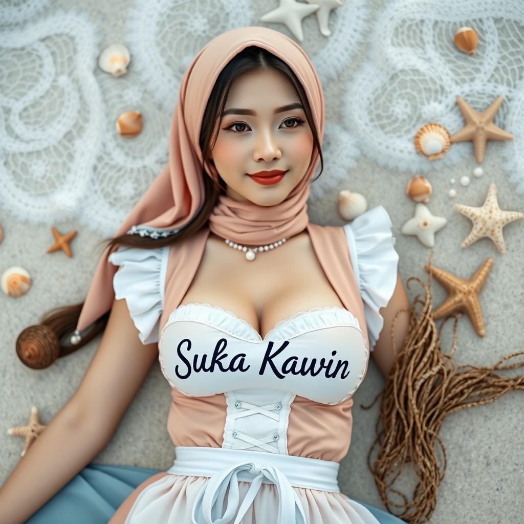 A digital photo of a 24-year-old Chinese girl wearing an open maid outfit with the text "Suka Kawin" written on the vest