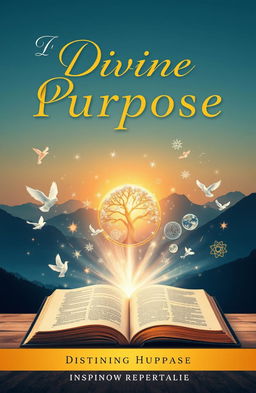 A visually captivating book cover design about 'Divine Purpose' featuring a serene landscape with a golden sunrise peeking over majestic mountains, symbolizing enlightenment and guidance